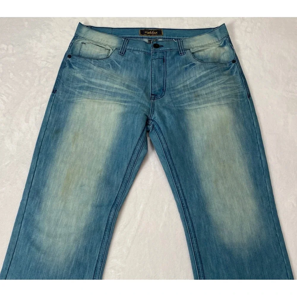 Halifax Mens Straight Leg Jeans Light Blue‎ Denim 38W 34L Embroidered Pockets